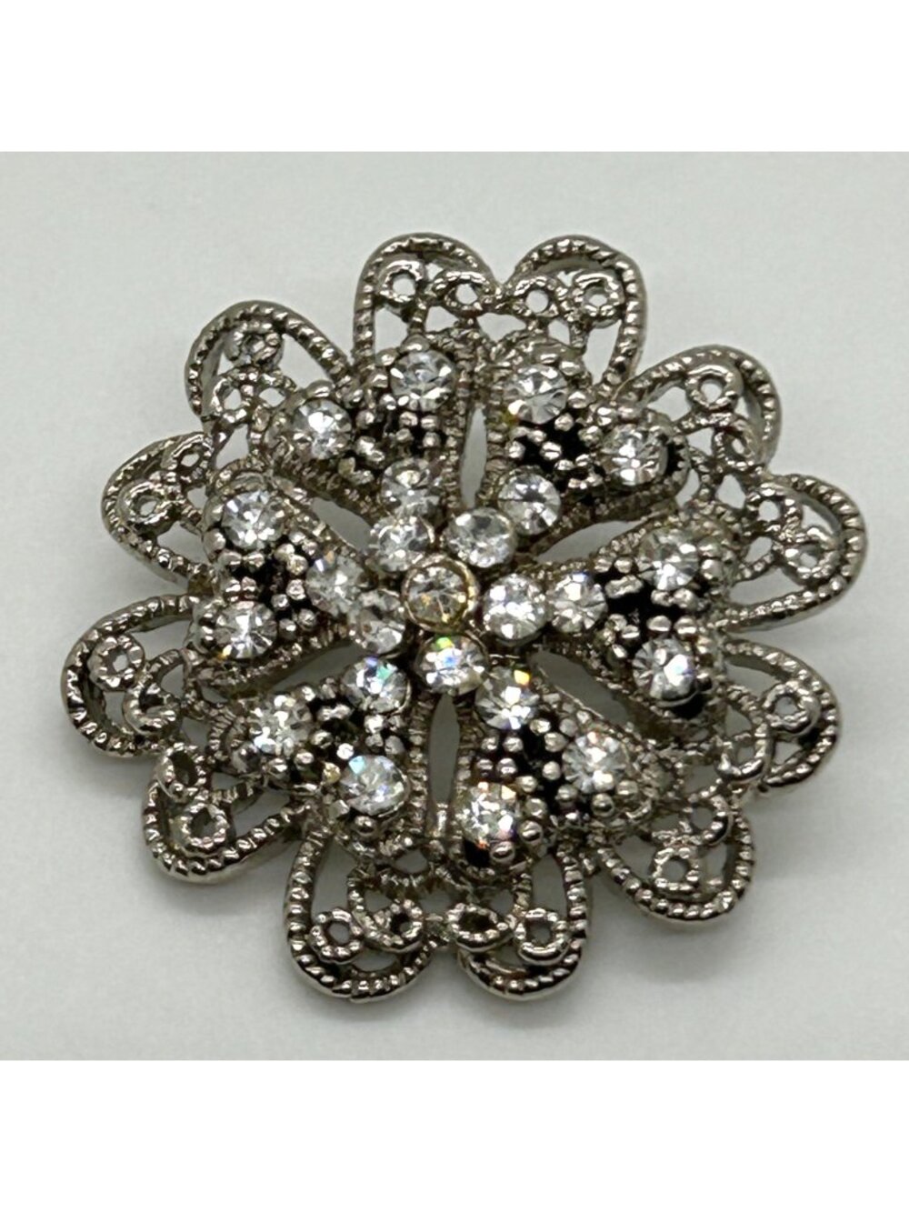 Vintage Silver Tone Brooch Clear Rhinestone Filigree Flower Pin Starburst